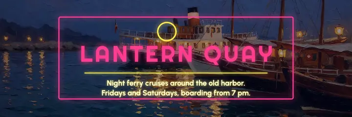 Night ferry cruise X header, neon over oil painting template