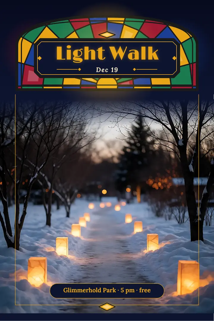 Winter lantern walk poster, stained glass template