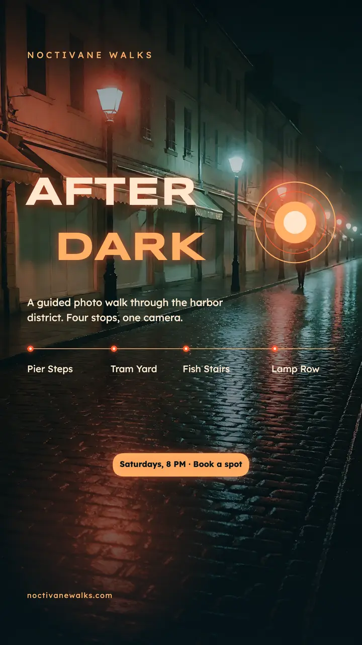 Noctivane after-dark harbor photo walk story template