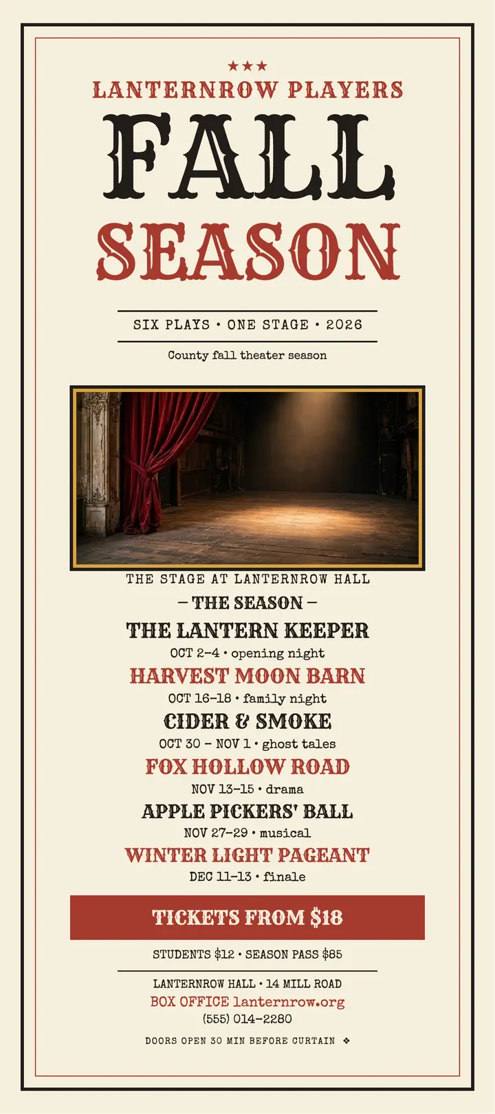 Lanternrow fall season rack card: fall theater rack card template