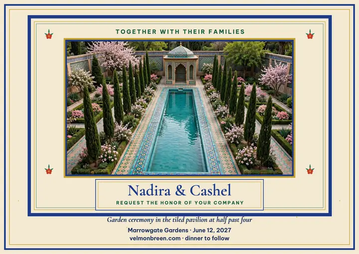 Nadira and Cashel garden invitation certificate: garden wedding invitation template