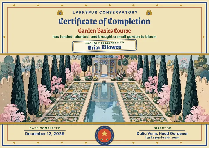 Larkspur garden course certificate template