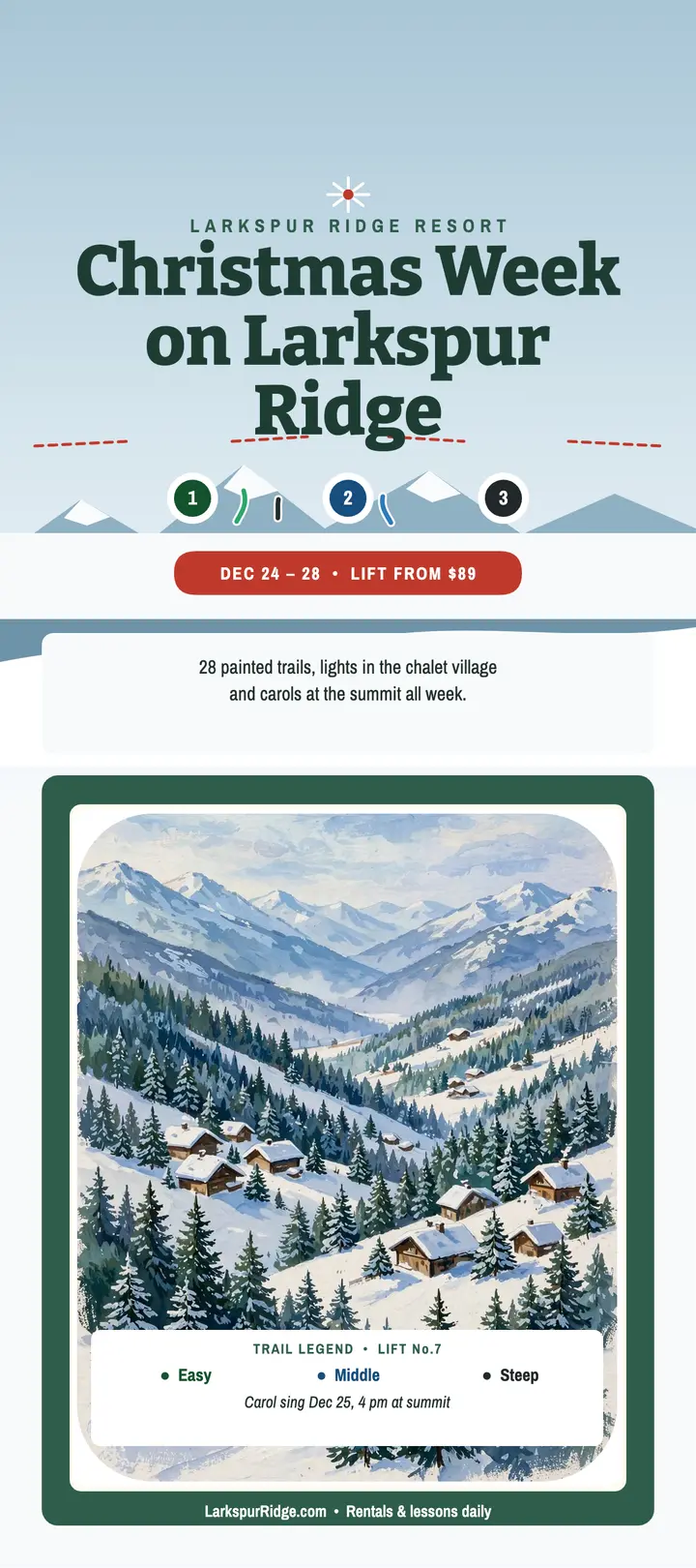 Larkspur Ridge Christmas ski week rack card template