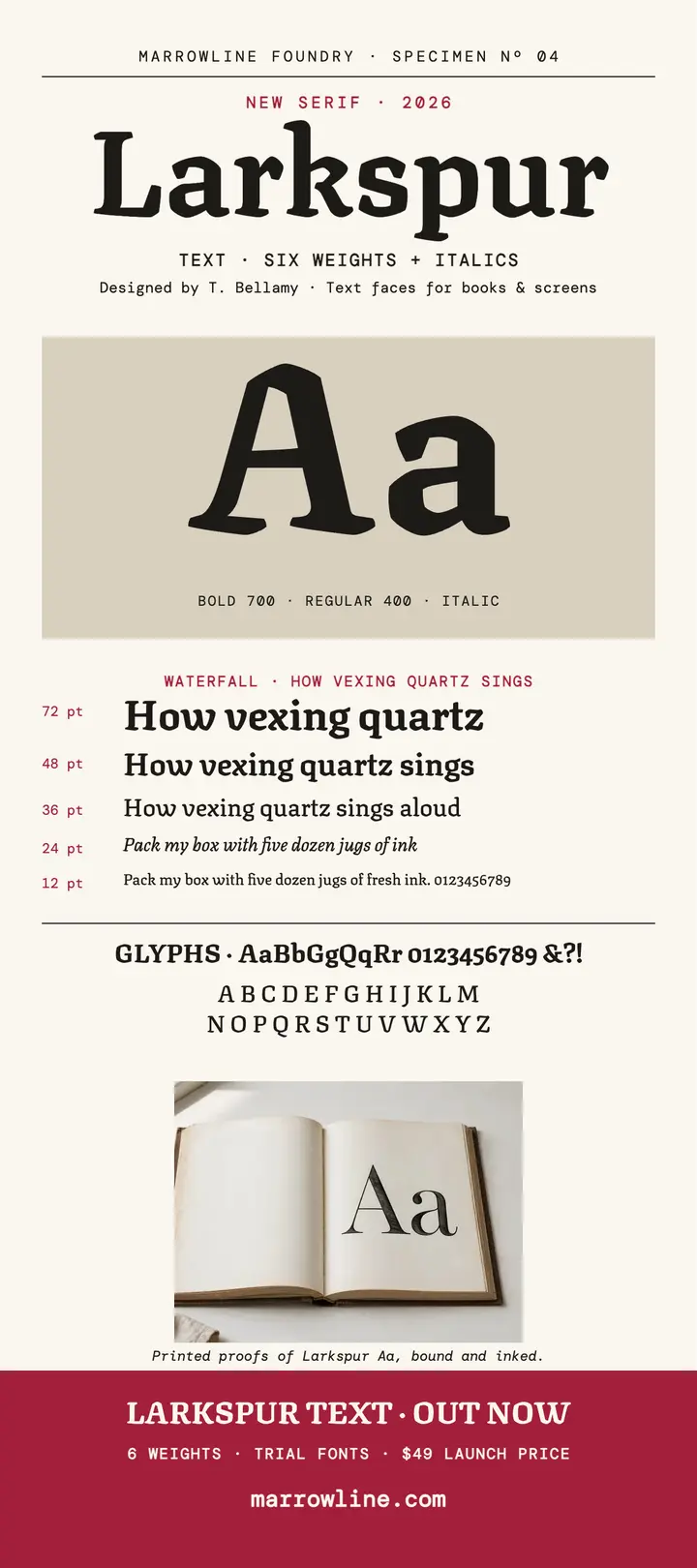 Larkspur Text serif specimen card, Marrowline template