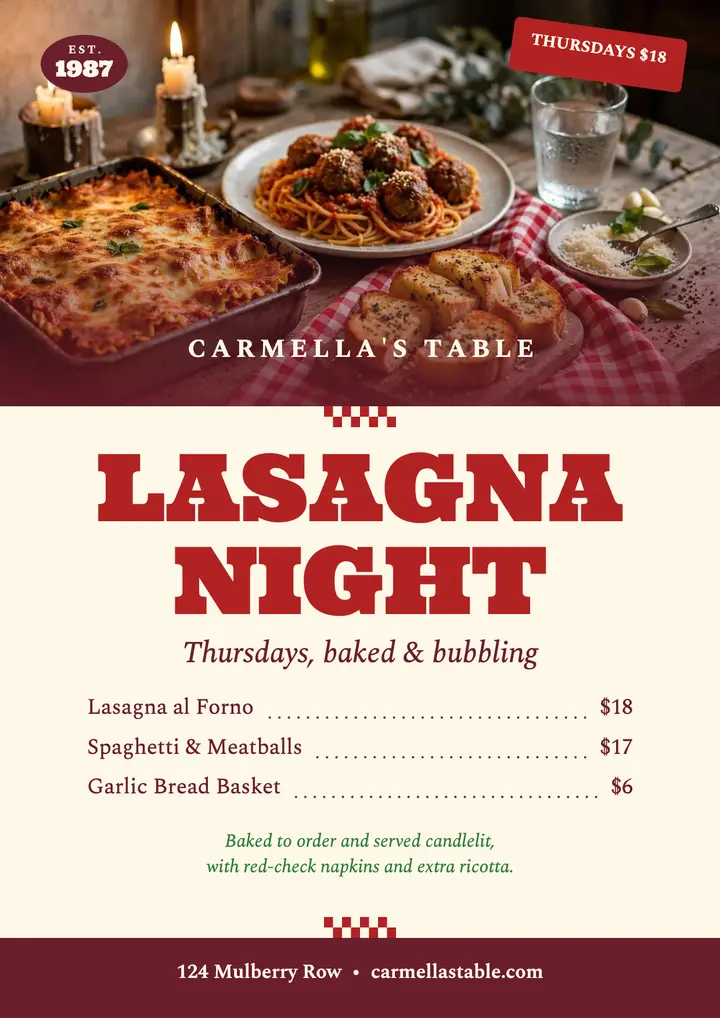 Carmella's Table lasagna night flyer template