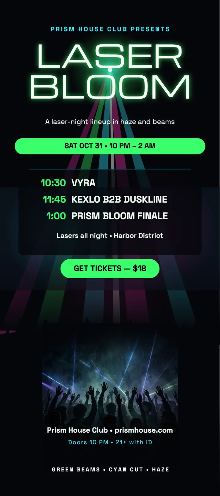 Laser Bloom club night rack card, Prism House: club laser night rack card template