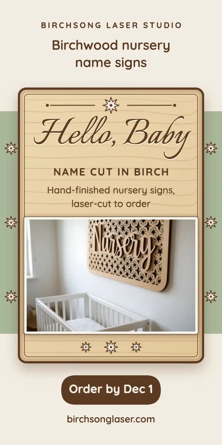 Birchsong laser-cut baby name sign half-page ad: baby name sign ad template
