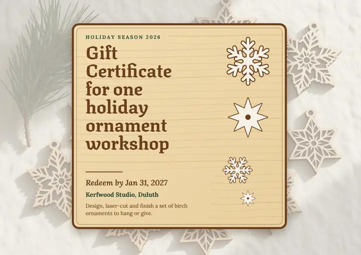 Kerfwood Studio ornament workshop gift certificate: holiday gift certificate template