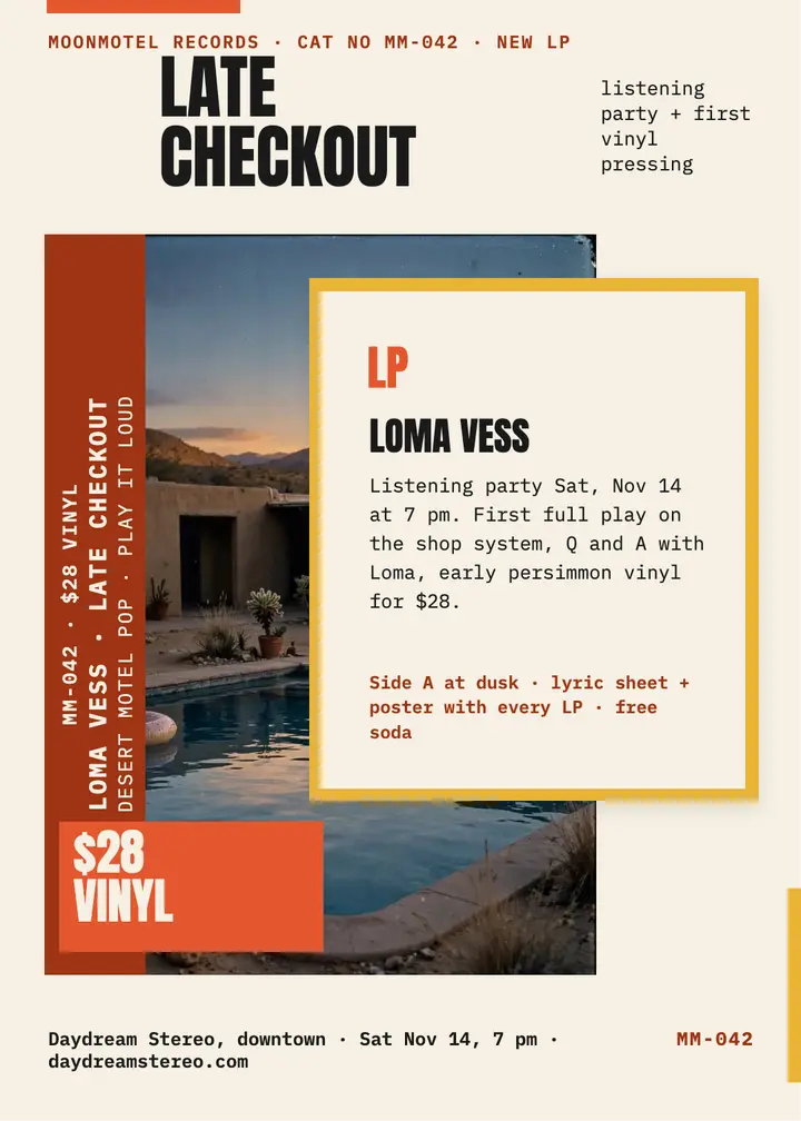 Late Checkout listening party invitation, obi sleeve template