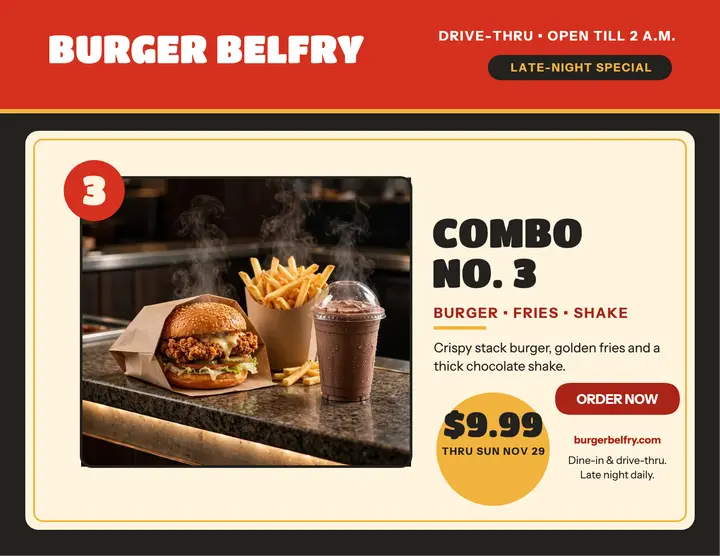 Burger Belfry late-night combo sale flyer template