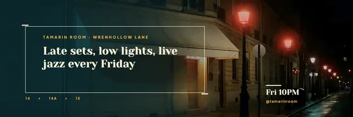 Late-night jazz bar header, Tamarin Room template