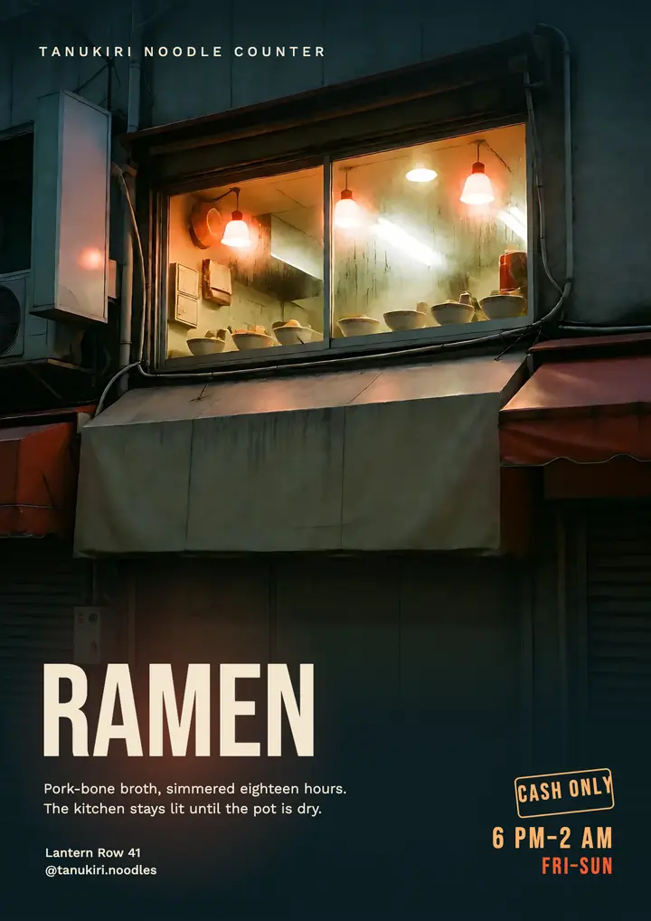 Tanukiri late-night ramen counter flyer template