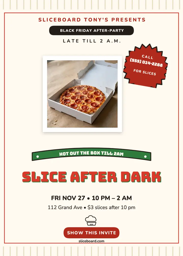 Sliceboard Tony's late-night slice invitation template