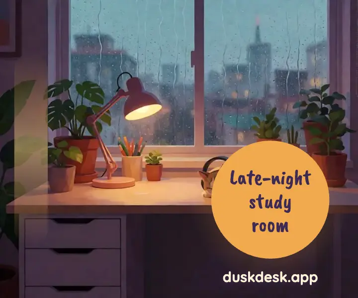 Duskdesk late-night study room lo-fi ad template