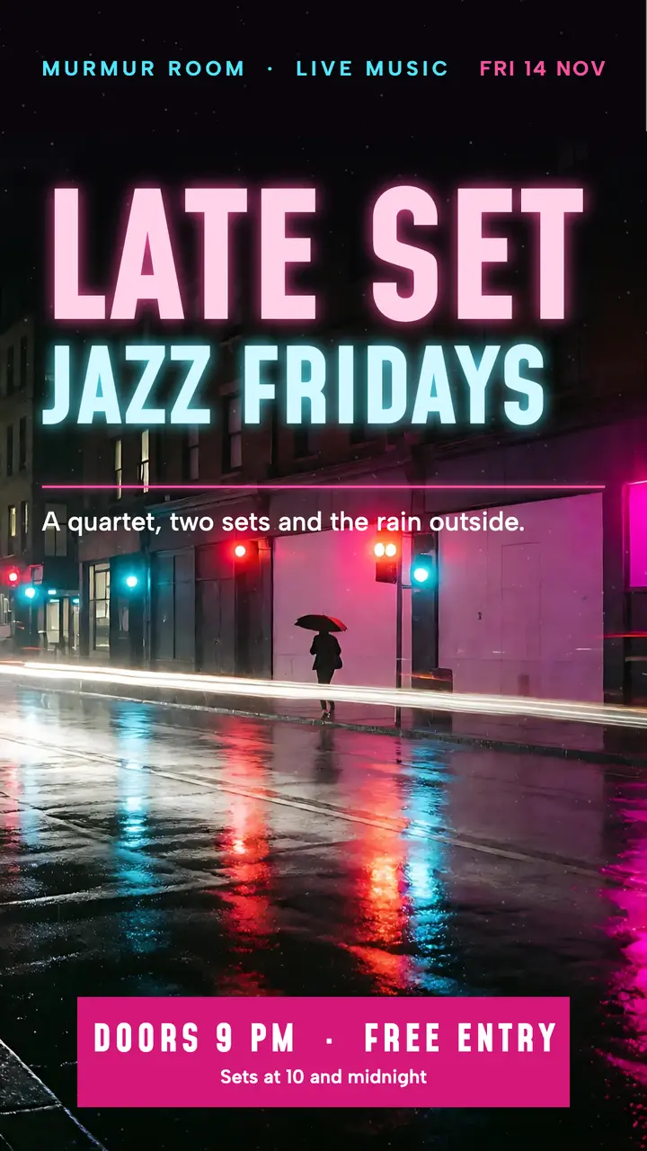 Murmur Room late set jazz fridays neon noir story template