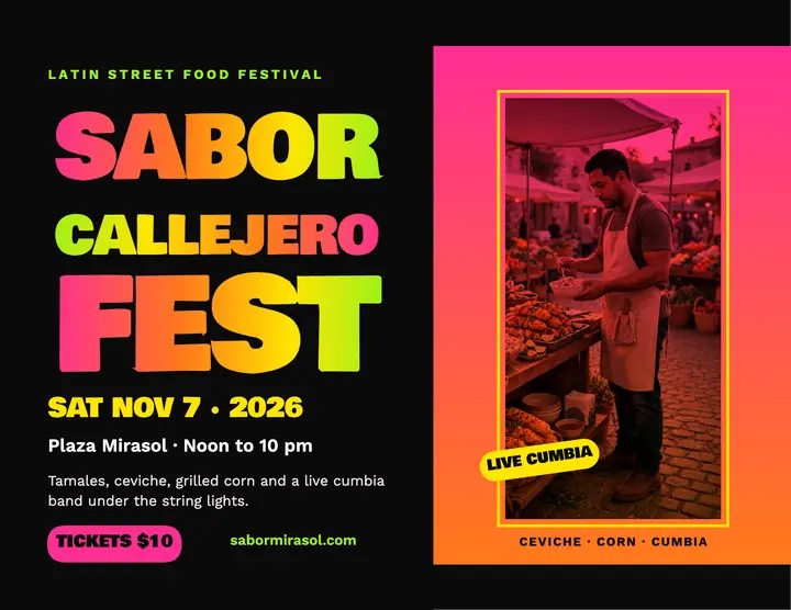Sabor Callejero Fest chicha poster flyer: street food festival flyer template