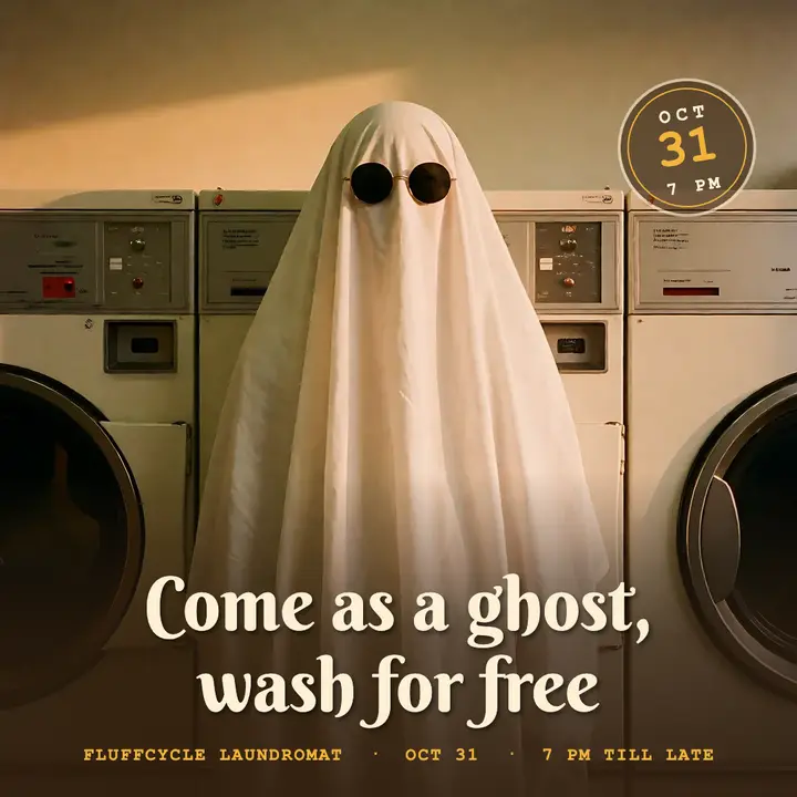 Fluffcycle laundromat ghost night post: halloween laundromat promo post template