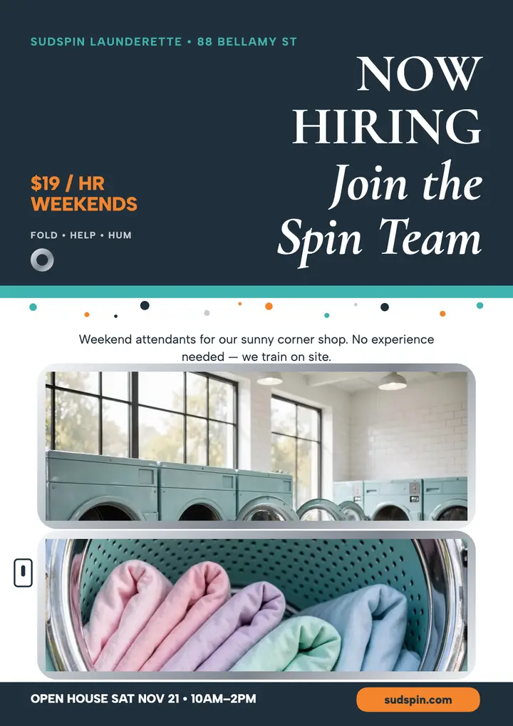 Sudspin weekend attendants porthole flyer: laundromat hiring flyer template