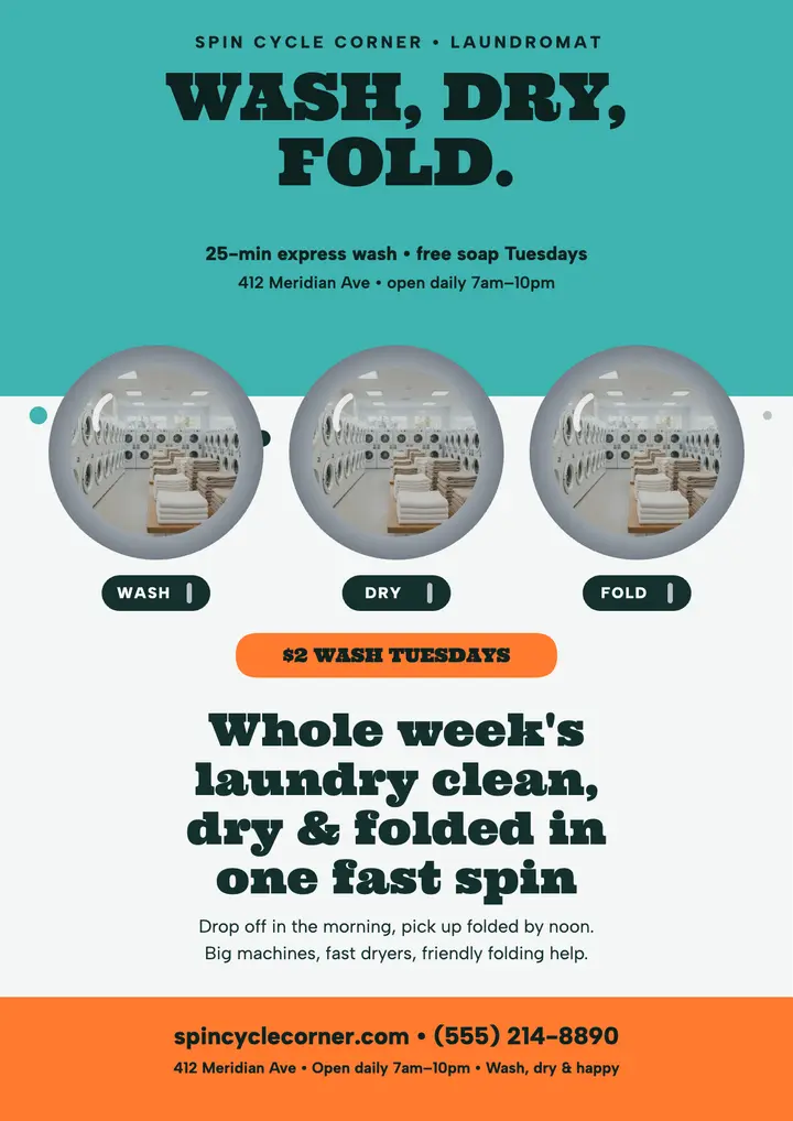 Spin Cycle Corner laundromat promo flyer template