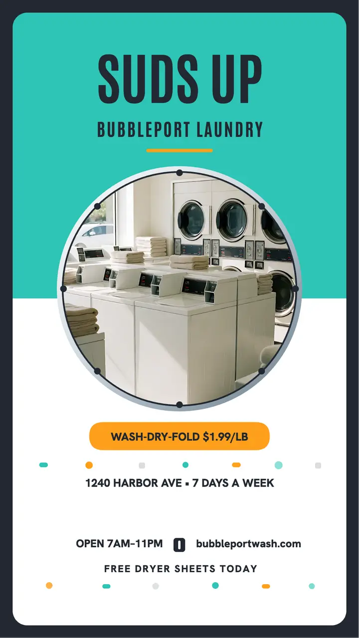 Bubbleport Laundry porthole promo story: laundromat promo story template