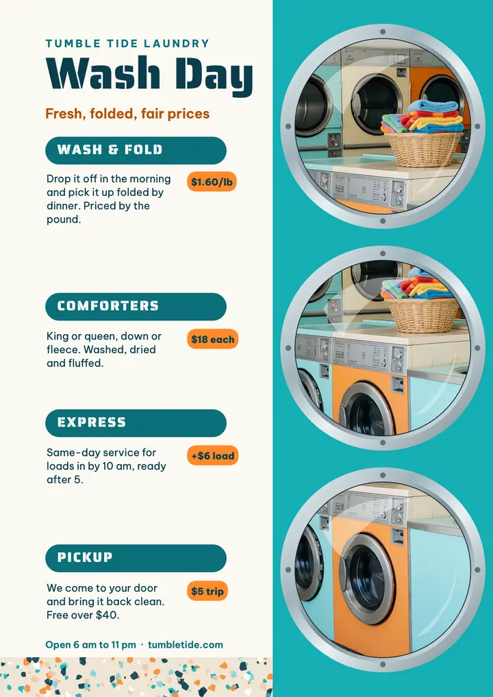 Tumble Tide laundromat price flyer template