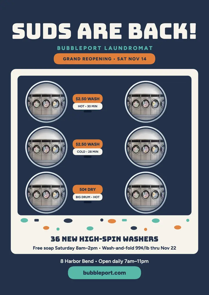 Bubbleport Laundromat reopening flyer template