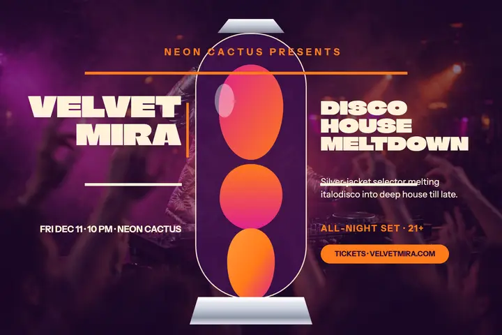 Velvet Mira DJ night lava postcard template