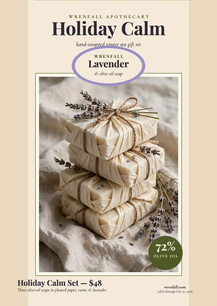 Wrenfall Holiday Calm wrapped soap flyer template