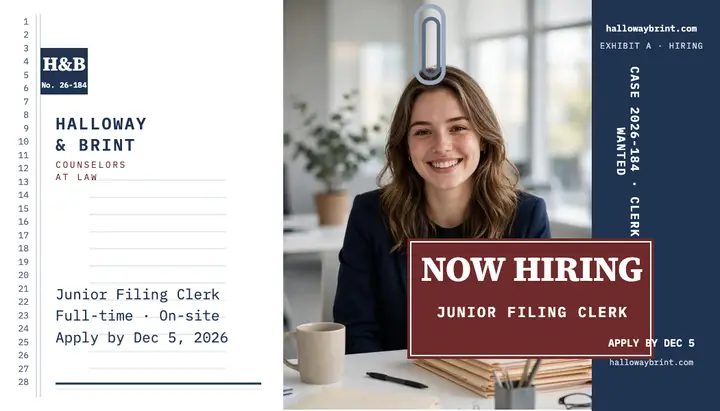 Halloway and Brint junior clerk hiring card template