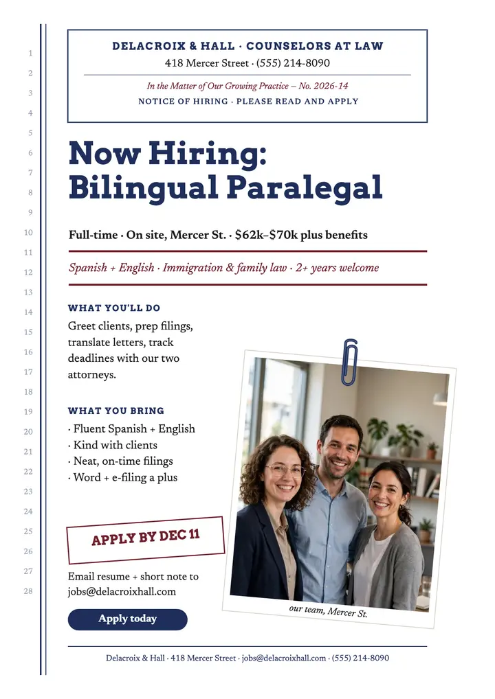 Delacroix Hall paralegal hiring flyer template
