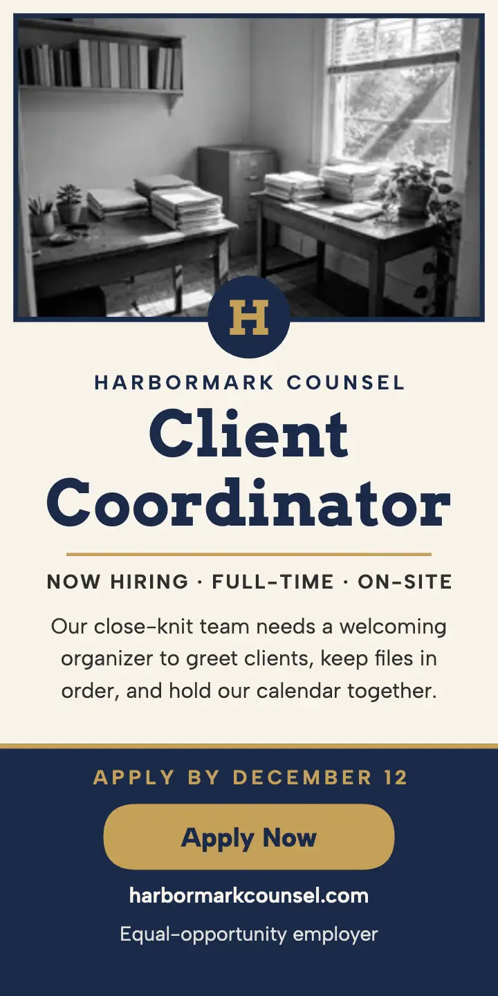 Harbormark Counsel coordinator hiring ad: law office hiring ad template