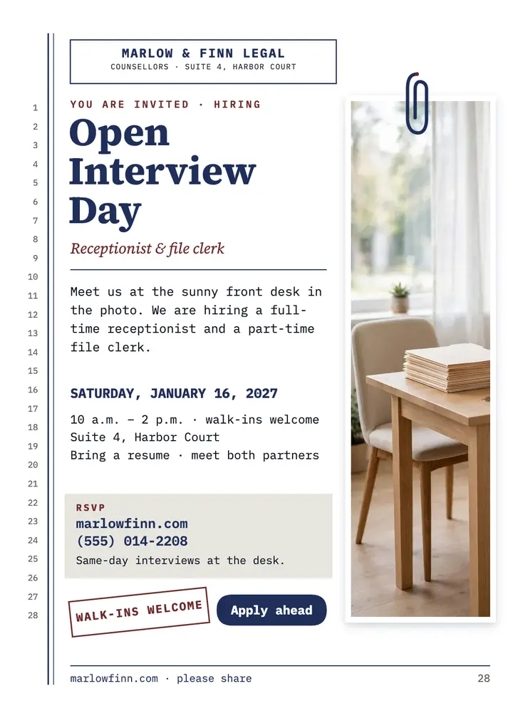Marlow and Finn open interview day invitation: law office hiring invitation template