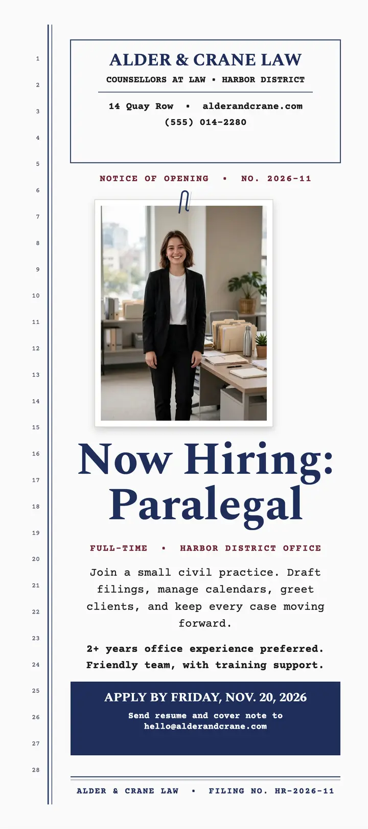 Alder and Crane paralegal hiring card template