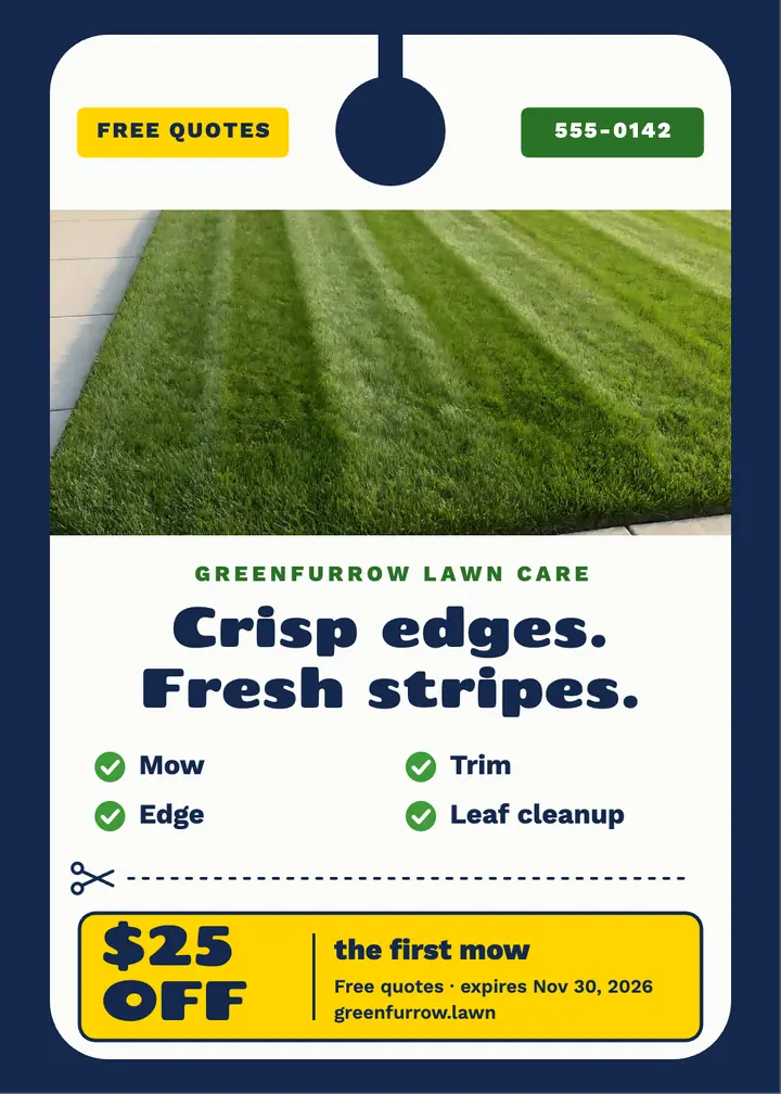 Greenfurrow lawn care door hanger with tear-off coupon template