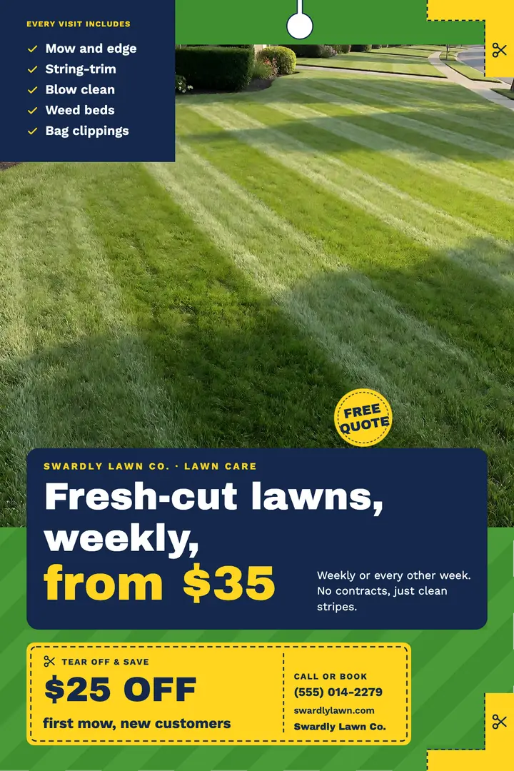Swardly lawn care rip-off door hanger coupon poster: lawn care door hanger template