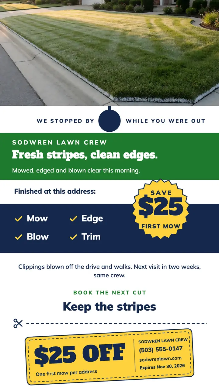 Sodwren lawn care door hanger with $25 coupon template