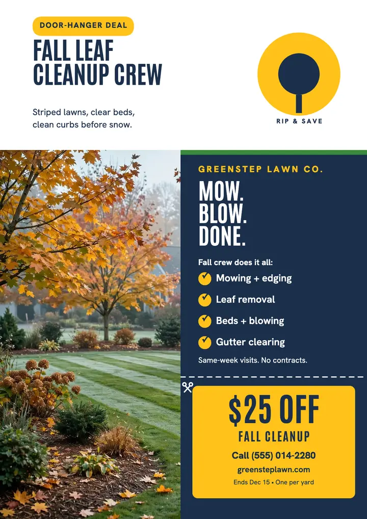 Greenstep leaf cleanup doorhanger flyer: lawn care flyer template