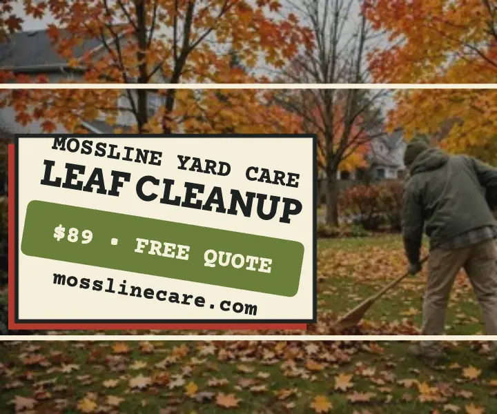 Mossline leaf cleanup woodcut ad template
