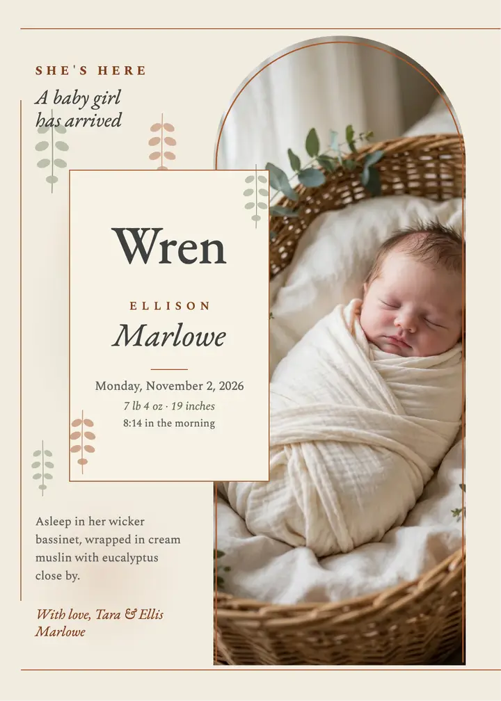 Wren Marlowe botanical baby announcement template