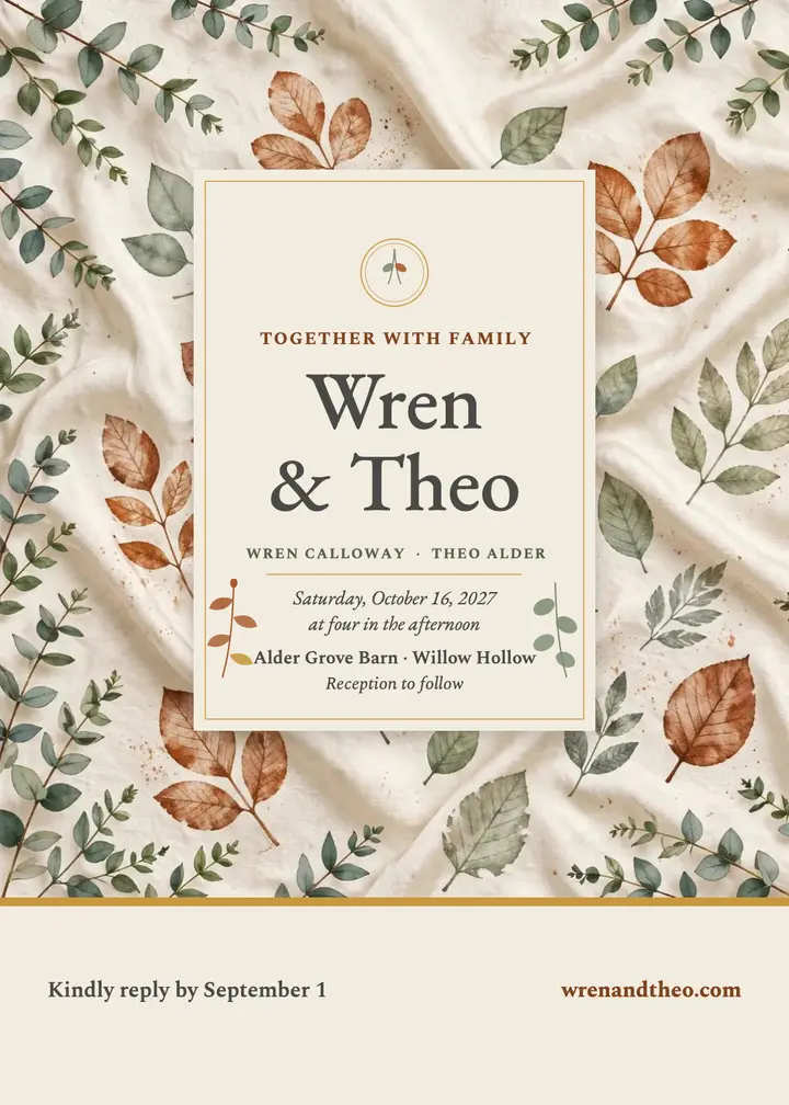 Leaf print silk wedding invitation template