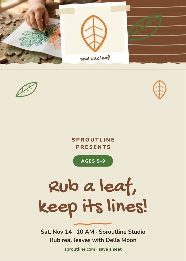Leaf Rub Lab kids art invitation: kids art class invitation template