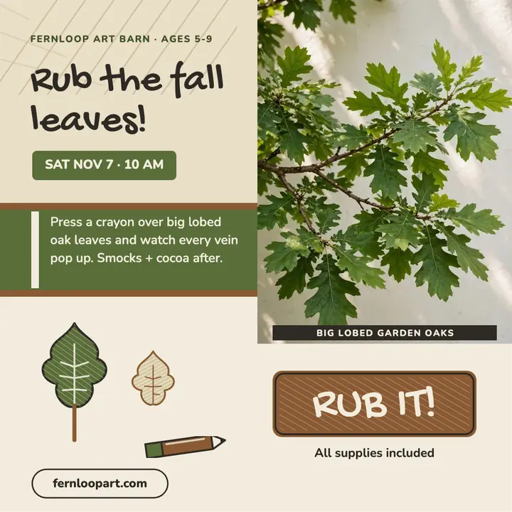 Fernloop leaf rubbing morning class post: leaf rubbing art class template