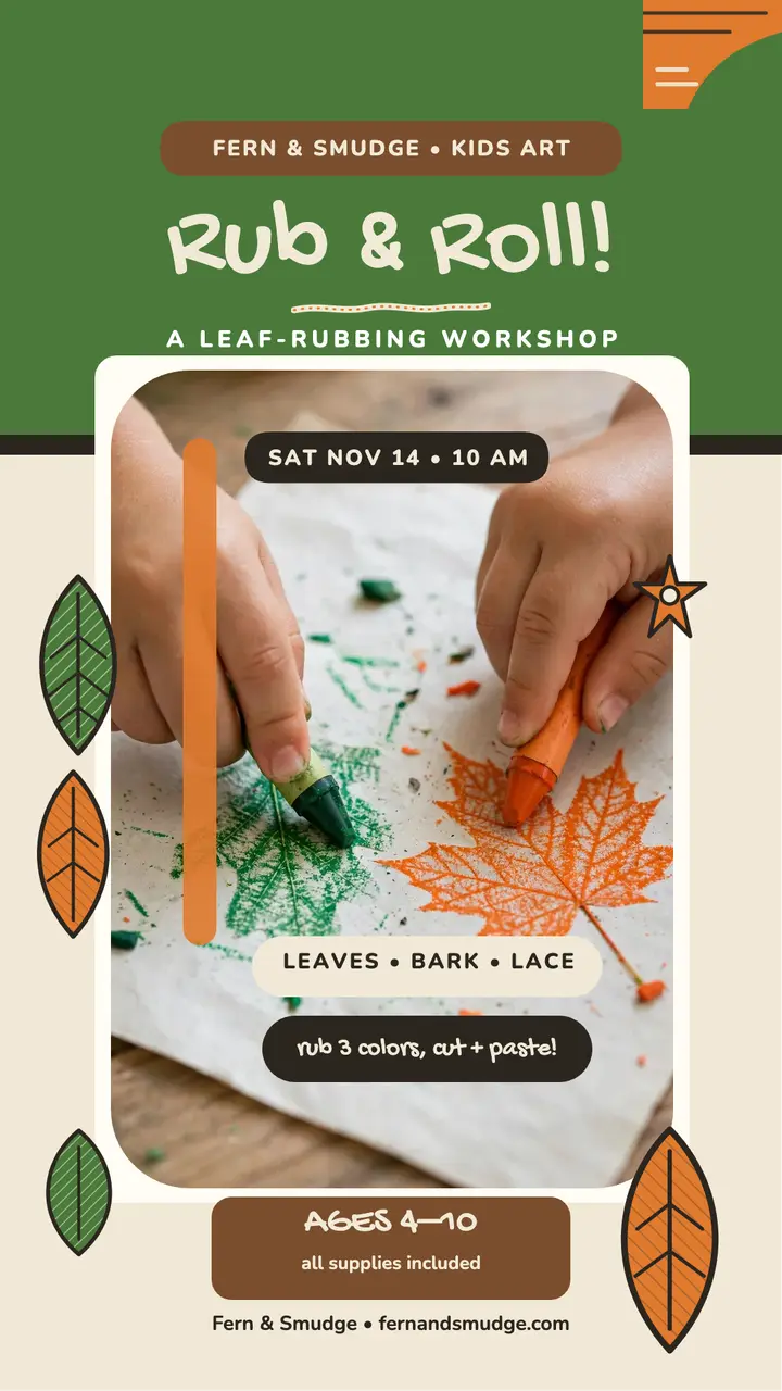 Leaf Rub and Roll kids class story: leaf rubbing class story template