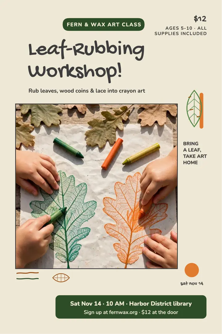 Fern and Wax leaf rubbing workshop poster: leaf rubbing workshop poster template