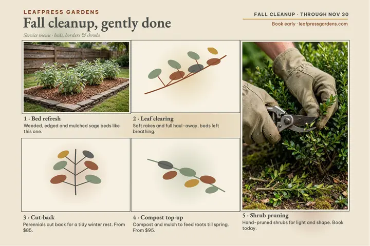 Leafpress Gardens fall cleanup postcard template