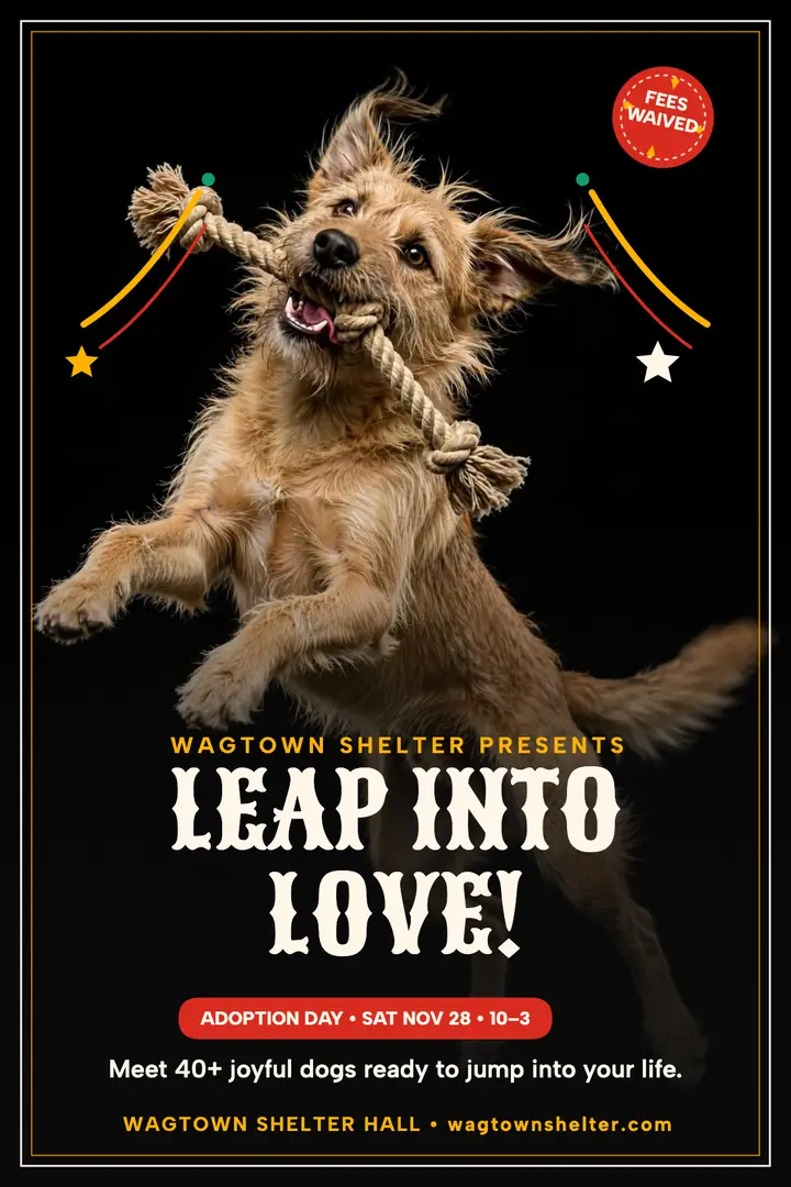 Leaping dog adoption day poster: dog adoption poster template