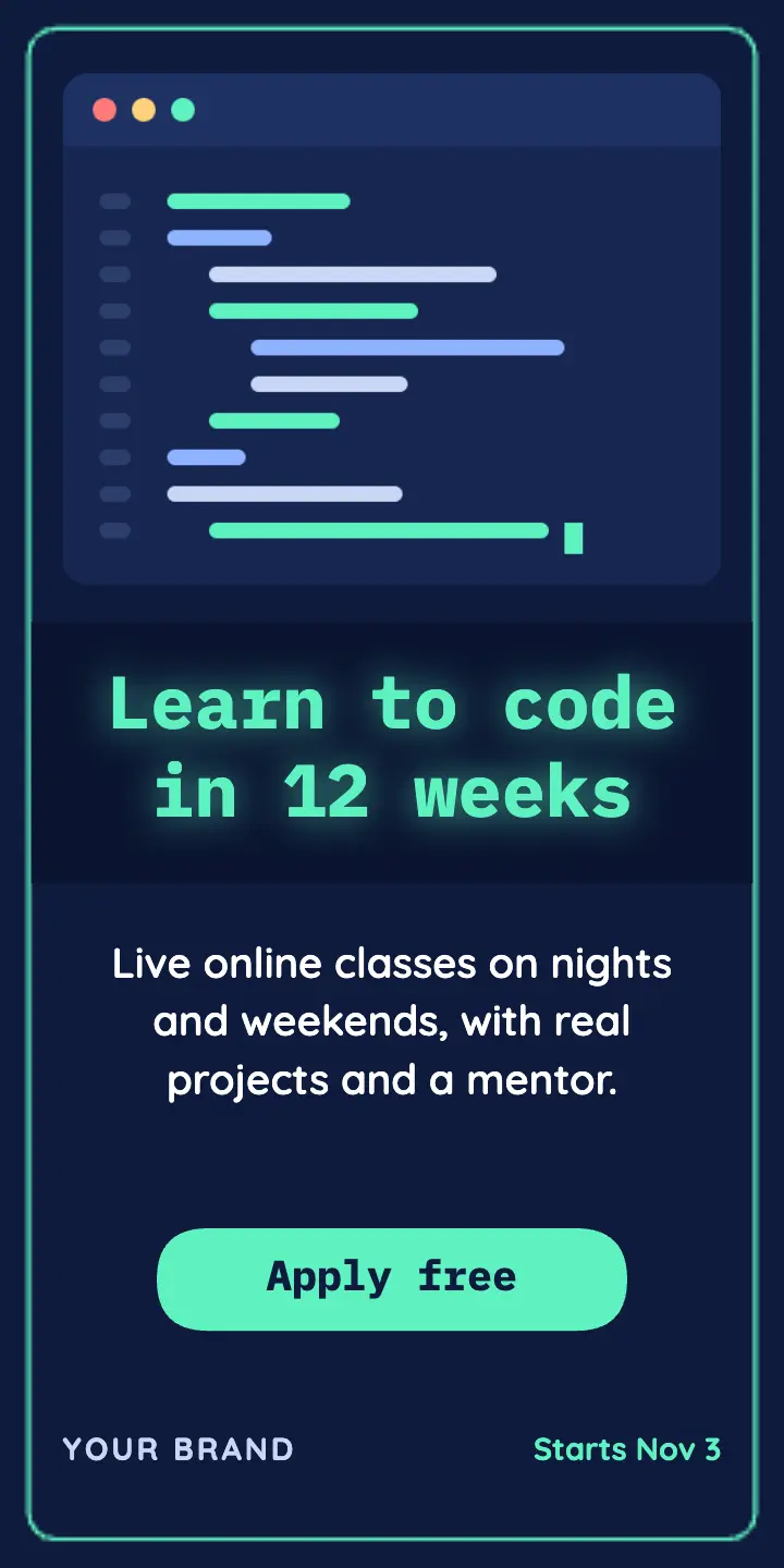Learn to code bootcamp half-page ad template
