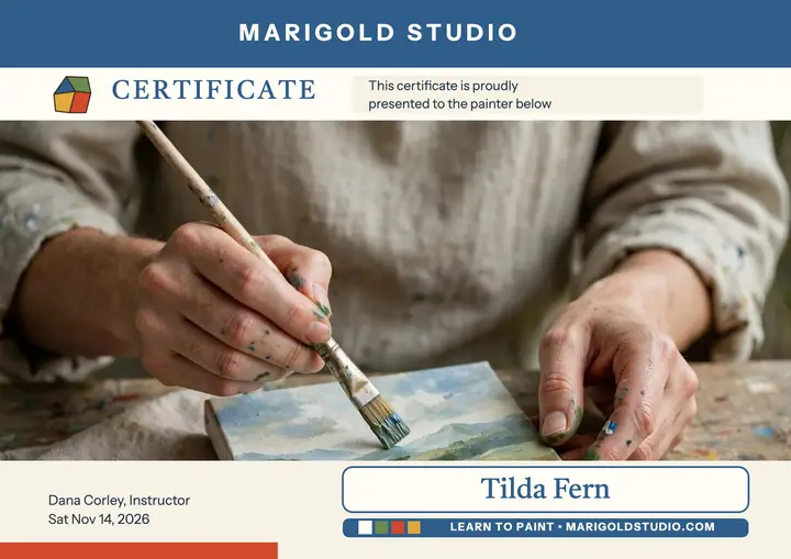 Learn to Paint certificate, Marigold Studio template