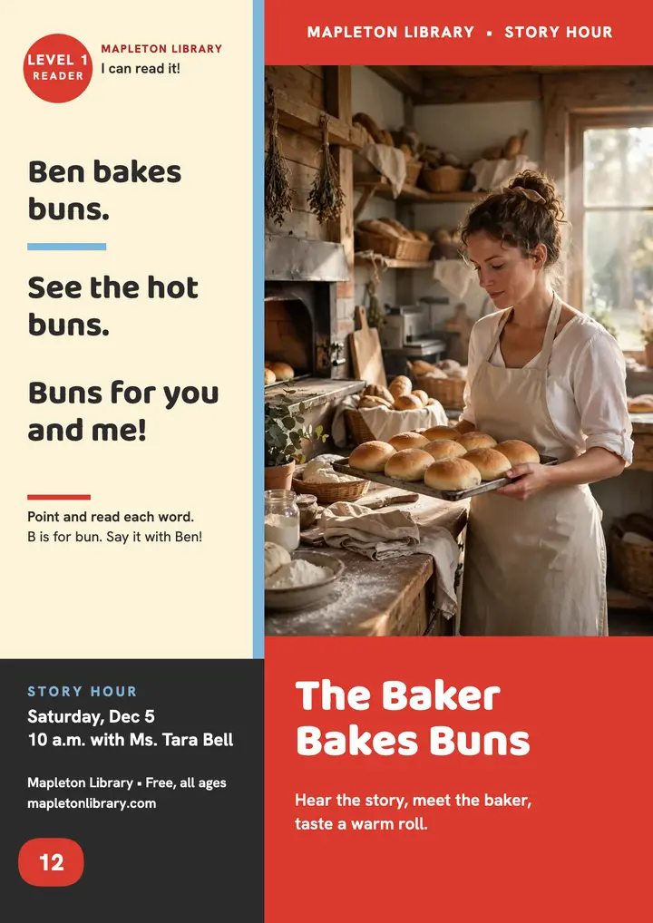 Baker Ben learn-to-read story hour flyer template