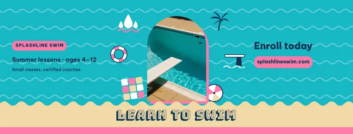 Splashline Swim learn to swim cover, poolside pop: swim school facebook cover template